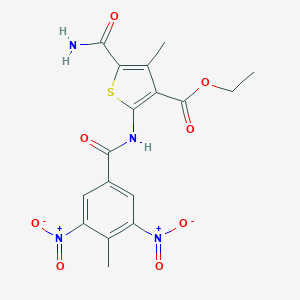 molecular formula C17H16N4O8S B335364 Ethyl 5-(aminocarbonyl)-2-({3,5-bisnitro-4-methylbenzoyl}amino)-4-methyl-3-thiophenecarboxylate 