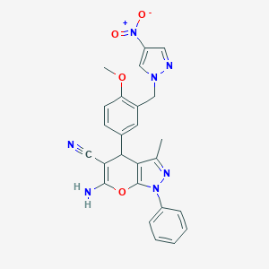 molecular formula C25H21N7O4 B335386 6-amino-4-[3-({4-nitro-1H-pyrazol-1-yl}methyl)-4-methoxyphenyl]-3-methyl-1-phenyl-1,4-dihydropyrano[2,3-c]pyrazole-5-carbonitrile 