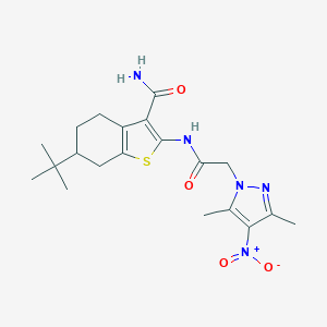 molecular formula C20H27N5O4S B335387 6-tert-butyl-2-[({4-nitro-3,5-dimethyl-1H-pyrazol-1-yl}acetyl)amino]-4,5,6,7-tetrahydro-1-benzothiophene-3-carboxamide 