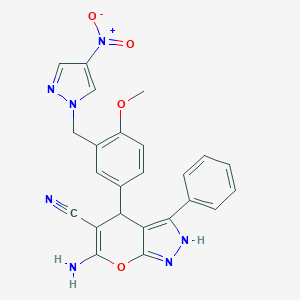 6-amino-4-[3-({4-nitro-1H-pyrazol-1-yl}methyl)-4-methoxyphenyl]-3-phenyl-1,4-dihydropyrano[2,3-c]pyrazole-5-carbonitrile