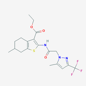 molecular formula C19H22F3N3O3S B335400 ethyl 6-methyl-2-({[5-methyl-3-(trifluoromethyl)-1H-pyrazol-1-yl]acetyl}amino)-4,5,6,7-tetrahydro-1-benzothiophene-3-carboxylate 