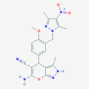 molecular formula C21H21N7O4 B335407 6-amino-4-[3-({4-nitro-3,5-dimethyl-1H-pyrazol-1-yl}methyl)-4-methoxyphenyl]-3-methyl-1,4-dihydropyrano[2,3-c]pyrazole-5-carbonitrile 