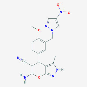 6-amino-4-[3-({4-nitro-1H-pyrazol-1-yl}methyl)-4-methoxyphenyl]-3-methyl-1,4-dihydropyrano[2,3-c]pyrazole-5-carbonitrile