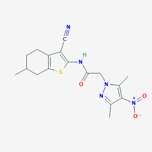 molecular formula C17H19N5O3S B335410 N-(3-cyano-6-methyl-4,5,6,7-tetrahydro-1-benzothiophen-2-yl)-2-(3,5-dimethyl-4-nitro-1H-pyrazol-1-yl)acetamide 