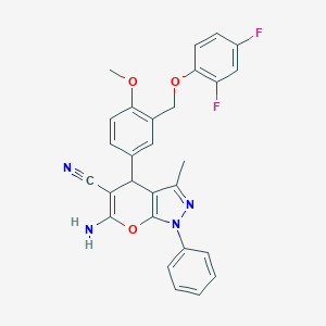 molecular formula C28H22F2N4O3 B335414 6-Amino-4-{3-[(2,4-difluorophenoxy)methyl]-4-methoxyphenyl}-3-methyl-1-phenyl-1,4-dihydropyrano[2,3-c]pyrazole-5-carbonitrile 