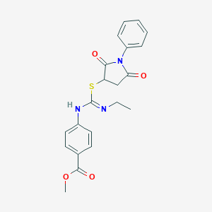 molecular formula C21H21N3O4S B335420 Methyl 4-{[[(2,5-dioxo-1-phenyl-3-pyrrolidinyl)sulfanyl](ethylamino)methylene]amino}benzoate 