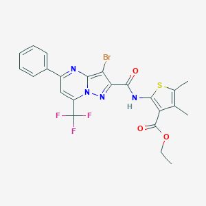 molecular formula C23H18BrF3N4O3S B335421 Ethyl 2-({[3-bromo-5-phenyl-7-(trifluoromethyl)pyrazolo[1,5-a]pyrimidin-2-yl]carbonyl}amino)-4,5-dimethyl-3-thiophenecarboxylate 