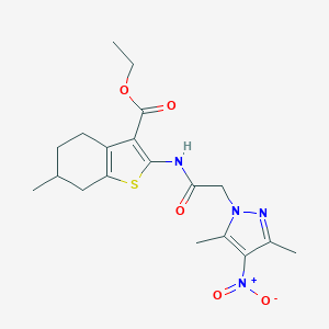 molecular formula C19H24N4O5S B335423 ethyl 2-[({4-nitro-3,5-dimethyl-1H-pyrazol-1-yl}acetyl)amino]-6-methyl-4,5,6,7-tetrahydro-1-benzothiophene-3-carboxylate 