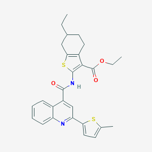 molecular formula C28H28N2O3S2 B335436 Ethyl 6-ethyl-2-({[2-(5-methylthiophen-2-yl)quinolin-4-yl]carbonyl}amino)-4,5,6,7-tetrahydro-1-benzothiophene-3-carboxylate 