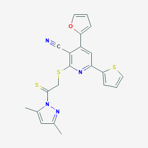 molecular formula C21H16N4OS3 B335543 2-{[2-(3,5-dimethyl-1H-pyrazol-1-yl)-2-thioxoethyl]sulfanyl}-4-(2-furyl)-6-(2-thienyl)nicotinonitrile 