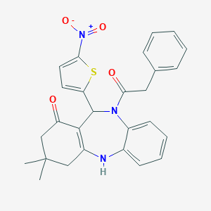 molecular formula C27H25N3O4S B335553 11-{5-nitro-2-thienyl}-3,3-dimethyl-10-(phenylacetyl)-2,3,4,5,10,11-hexahydro-1H-dibenzo[b,e][1,4]diazepin-1-one 
