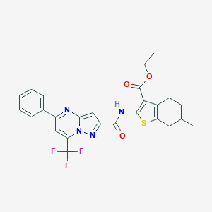 molecular formula C26H23F3N4O3S B335585 Ethyl 6-methyl-2-({[5-phenyl-7-(trifluoromethyl)pyrazolo[1,5-a]pyrimidin-2-yl]carbonyl}amino)-4,5,6,7-tetrahydro-1-benzothiophene-3-carboxylate 