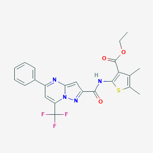 molecular formula C23H19F3N4O3S B335588 Ethyl 4,5-dimethyl-2-({[5-phenyl-7-(trifluoromethyl)pyrazolo[1,5-a]pyrimidin-2-yl]carbonyl}amino)thiophene-3-carboxylate 