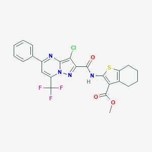 molecular formula C24H18ClF3N4O3S B335589 Methyl 2-({[3-chloro-5-phenyl-7-(trifluoromethyl)pyrazolo[1,5-a]pyrimidin-2-yl]carbonyl}amino)-4,5,6,7-tetrahydro-1-benzothiophene-3-carboxylate 