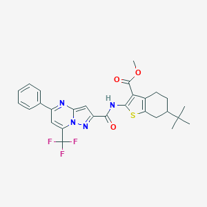 molecular formula C28H27F3N4O3S B335593 Methyl 6-tert-butyl-2-({[5-phenyl-7-(trifluoromethyl)pyrazolo[1,5-a]pyrimidin-2-yl]carbonyl}amino)-4,5,6,7-tetrahydro-1-benzothiophene-3-carboxylate 