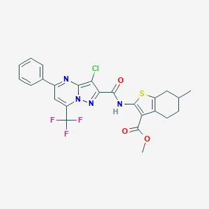 molecular formula C25H20ClF3N4O3S B335603 Methyl 2-({[3-chloro-5-phenyl-7-(trifluoromethyl)pyrazolo[1,5-a]pyrimidin-2-yl]carbonyl}amino)-6-methyl-4,5,6,7-tetrahydro-1-benzothiophene-3-carboxylate 