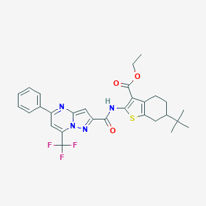 molecular formula C29H29F3N4O3S B335604 Ethyl 6-tert-butyl-2-({[5-phenyl-7-(trifluoromethyl)pyrazolo[1,5-a]pyrimidin-2-yl]carbonyl}amino)-4,5,6,7-tetrahydro-1-benzothiophene-3-carboxylate 