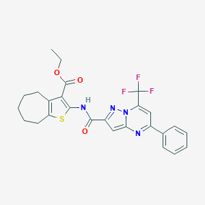 molecular formula C26H23F3N4O3S B335617 ethyl 2-({[5-phenyl-7-(trifluoromethyl)pyrazolo[1,5-a]pyrimidin-2-yl]carbonyl}amino)-5,6,7,8-tetrahydro-4H-cyclohepta[b]thiophene-3-carboxylate 
