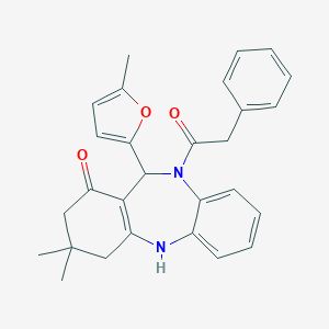 molecular formula C28H28N2O3 B335638 9,9-Dimethyl-6-(5-methyl-2-furyl)-5-(2-phenylacetyl)-6,8,10,11-tetrahydrobenzo[b][1,4]benzodiazepin-7-one 