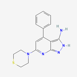 molecular formula C16H17N5S B3356447 1H-Pyrazolo(3,4-b)pyridin-3-amine, 4-phenyl-6-(4-thiomorpholinyl)- CAS No. 66663-63-6
