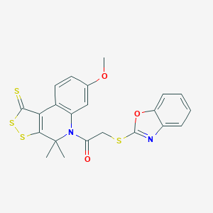 molecular formula C22H18N2O3S4 B335705 5-[(1,3-benzoxazol-2-ylsulfanyl)acetyl]-7-methoxy-4,4-dimethyl-4,5-dihydro-1H-[1,2]dithiolo[3,4-c]quinoline-1-thione 