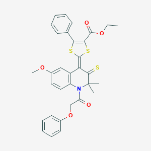 molecular formula C32H29NO5S3 B335753 ethyl 2-(6-methoxy-2,2-dimethyl-1-(phenoxyacetyl)-3-thioxo-2,3-dihydro-4(1H)-quinolinylidene)-5-phenyl-1,3-dithiole-4-carboxylate 