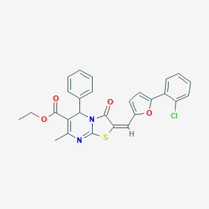 molecular formula C27H21ClN2O4S B335776 ethyl (2E)-2-{[5-(2-chlorophenyl)furan-2-yl]methylidene}-7-methyl-3-oxo-5-phenyl-2,3-dihydro-5H-[1,3]thiazolo[3,2-a]pyrimidine-6-carboxylate 