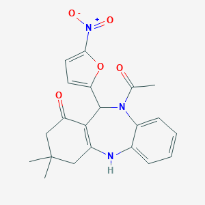 molecular formula C21H21N3O5 B335915 10-acetyl-11-{5-nitro-2-furyl}-3,3-dimethyl-2,3,4,5,10,11-hexahydro-1H-dibenzo[b,e][1,4]diazepin-1-one 