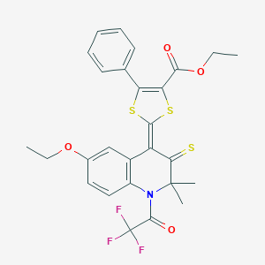molecular formula C27H24F3NO4S3 B336037 ethyl 2-(6-ethoxy-2,2-dimethyl-3-thioxo-1-(trifluoroacetyl)-2,3-dihydro-4(1H)-quinolinylidene)-5-phenyl-1,3-dithiole-4-carboxylate 