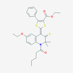 molecular formula C30H33NO4S3 B336038 ethyl 2-(6-ethoxy-2,2-dimethyl-1-pentanoyl-3-thioxo-2,3-dihydro-4(1H)-quinolinylidene)-5-phenyl-1,3-dithiole-4-carboxylate 