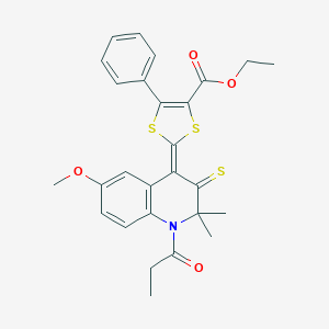 ethyl 2-(6-methoxy-2,2-dimethyl-1-propionyl-3-thioxo-2,3-dihydro-4(1H)-quinolinylidene)-5-phenyl-1,3-dithiole-4-carboxylate