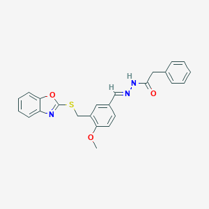 molecular formula C24H21N3O3S B336087 N'-{3-[(1,3-benzoxazol-2-ylsulfanyl)methyl]-4-methoxybenzylidene}-2-phenylacetohydrazide 