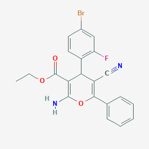 molecular formula C21H16BrFN2O3 B336113 ethyl 2-amino-4-(4-bromo-2-fluorophenyl)-5-cyano-6-phenyl-4H-pyran-3-carboxylate 