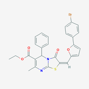 molecular formula C27H21BrN2O4S B336300 ethyl (2E)-2-{[5-(4-bromophenyl)furan-2-yl]methylidene}-7-methyl-3-oxo-5-phenyl-2,3-dihydro-5H-[1,3]thiazolo[3,2-a]pyrimidine-6-carboxylate 