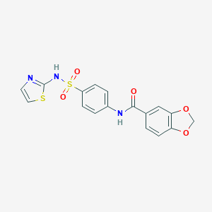 molecular formula C17H13N3O5S2 B336624 N-[4-(1,3-thiazol-2-ylsulfamoyl)phenyl]-1,3-benzodioxole-5-carboxamide 