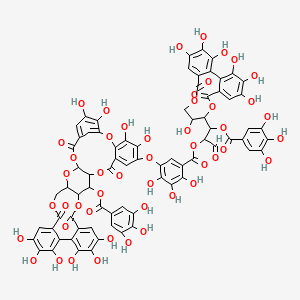 molecular formula C75H52O48 B3366621 [1-(3,4,5,11,17,18,19-Heptahydroxy-8,14-dioxo-9,13-dioxatricyclo[13.4.0.02,7]nonadeca-1(19),2,4,6,15,17-hexaen-10-yl)-3-oxo-1-(3,4,5-trihydroxybenzoyl)oxypropan-2-yl] 5-[[4,5,18,19,20,23,24,25,38,39-decahydroxy-9,15,28,35-tetraoxo-12-(3,4,5-trihydroxybenzoyl)oxy-2,10,14,29,32,34-hexaoxaheptacyclo[34.3.1.03,8.011,33.013,31.016,21.022,27]tetraconta-1(40),3,5,7,16,18,20,22,24,26,36,38-dodecaen-6-yl]oxy]-2,3,4-trihydroxybenzoate CAS No. 140187-46-8