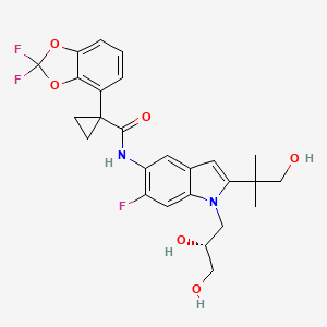 molecular formula C26H27F3N2O6 B3366679 (R)-1-(2,2-difluorobenzo[d][1,3]dioxol-4-yl)-N-(1-(2,3-dihydroxypropyl)-6-fluoro-2-(1-hydroxy-2-methylpropan-2-yl)-1H-indol-5-yl)cyclopropanecarboxamide CAS No. 1419101-35-1