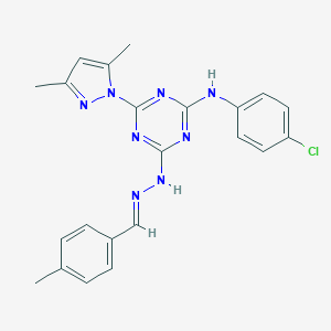 molecular formula C22H21ClN8 B336902 4-methylbenzaldehyde [4-(4-chloroanilino)-6-(3,5-dimethyl-1H-pyrazol-1-yl)-1,3,5-triazin-2-yl]hydrazone 