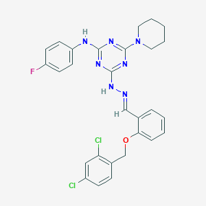 molecular formula C28H26Cl2FN7O B336985 2-[(2,4-Dichlorobenzyl)oxy]benzaldehyde [4-(4-fluoroanilino)-6-(1-piperidinyl)-1,3,5-triazin-2-yl]hydrazone 