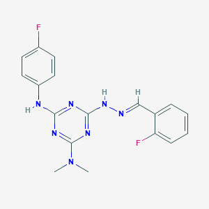 molecular formula C18H17F2N7 B336990 2-Fluorobenzaldehyde [4-(dimethylamino)-6-(4-fluoroanilino)-1,3,5-triazin-2-yl]hydrazone 