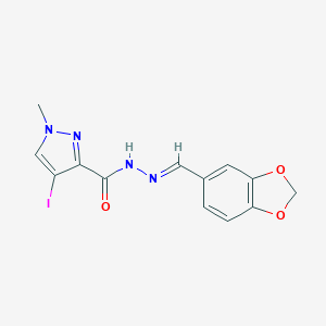 molecular formula C13H11IN4O3 B336993 N'-(1,3-benzodioxol-5-ylmethylene)-4-iodo-1-methyl-1H-pyrazole-3-carbohydrazide 