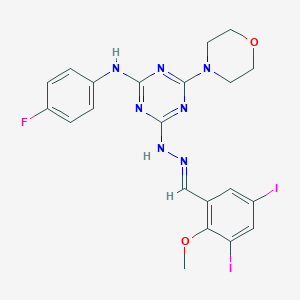 molecular formula C21H20FI2N7O2 B337006 3,5-Diiodo-2-methoxybenzaldehyde [4-(4-fluoroanilino)-6-(4-morpholinyl)-1,3,5-triazin-2-yl]hydrazone 