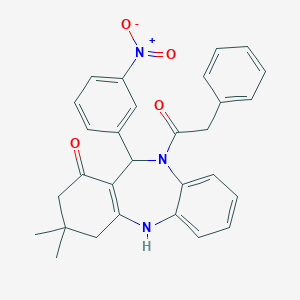 molecular formula C29H27N3O4 B337057 11-{3-nitrophenyl}-3,3-dimethyl-10-(phenylacetyl)-2,3,4,5,10,11-hexahydro-1H-dibenzo[b,e][1,4]diazepin-1-one 