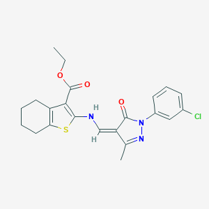 molecular formula C22H22ClN3O3S B337059 ethyl 2-[[(Z)-[1-(3-chlorophenyl)-3-methyl-5-oxopyrazol-4-ylidene]methyl]amino]-4,5,6,7-tetrahydro-1-benzothiophene-3-carboxylate 