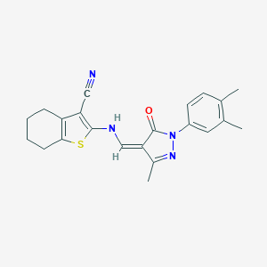 molecular formula C22H22N4OS B337061 2-[[(Z)-[1-(3,4-dimethylphenyl)-3-methyl-5-oxopyrazol-4-ylidene]methyl]amino]-4,5,6,7-tetrahydro-1-benzothiophene-3-carbonitrile 