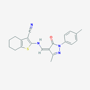 molecular formula C21H20N4OS B337062 2-[[(Z)-[3-methyl-1-(4-methylphenyl)-5-oxopyrazol-4-ylidene]methyl]amino]-4,5,6,7-tetrahydro-1-benzothiophene-3-carbonitrile 
