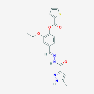molecular formula C19H18N4O4S B337122 2-ethoxy-4-[(E)-{2-[(3-methyl-1H-pyrazol-5-yl)carbonyl]hydrazinylidene}methyl]phenyl thiophene-2-carboxylate 