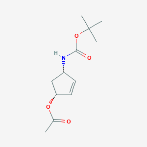 molecular formula C12H19NO4 B3371264 (1R,4S)-Acetic acid 4-tert-butoxycarbonylamino-cyclopent-2-enyl ester CAS No. 657397-03-0