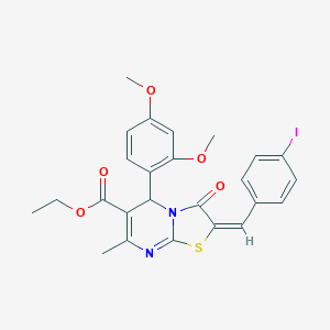 molecular formula C25H23IN2O5S B337307 ethyl 5-(2,4-dimethoxyphenyl)-2-(4-iodobenzylidene)-7-methyl-3-oxo-2,3-dihydro-5H-[1,3]thiazolo[3,2-a]pyrimidine-6-carboxylate 