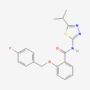 molecular formula C19H18FN3O2S B3374121 2-[(4-fluorophenyl)methoxy]-N-[5-(propan-2-yl)-1,3,4-thiadiazol-2-yl]benzamide CAS No. 1017370-54-5
